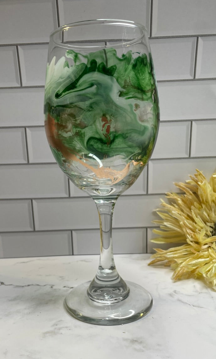 Green, Gold & White Middle Design Wine Glass