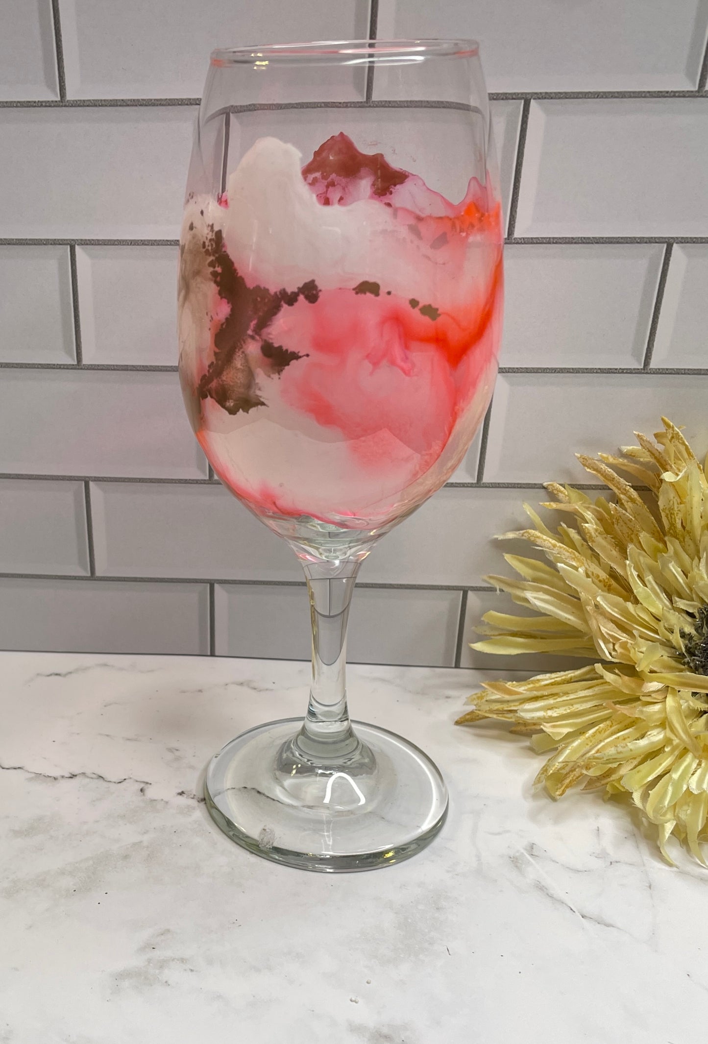 Coral, Gold White Middle Design Wine Glass