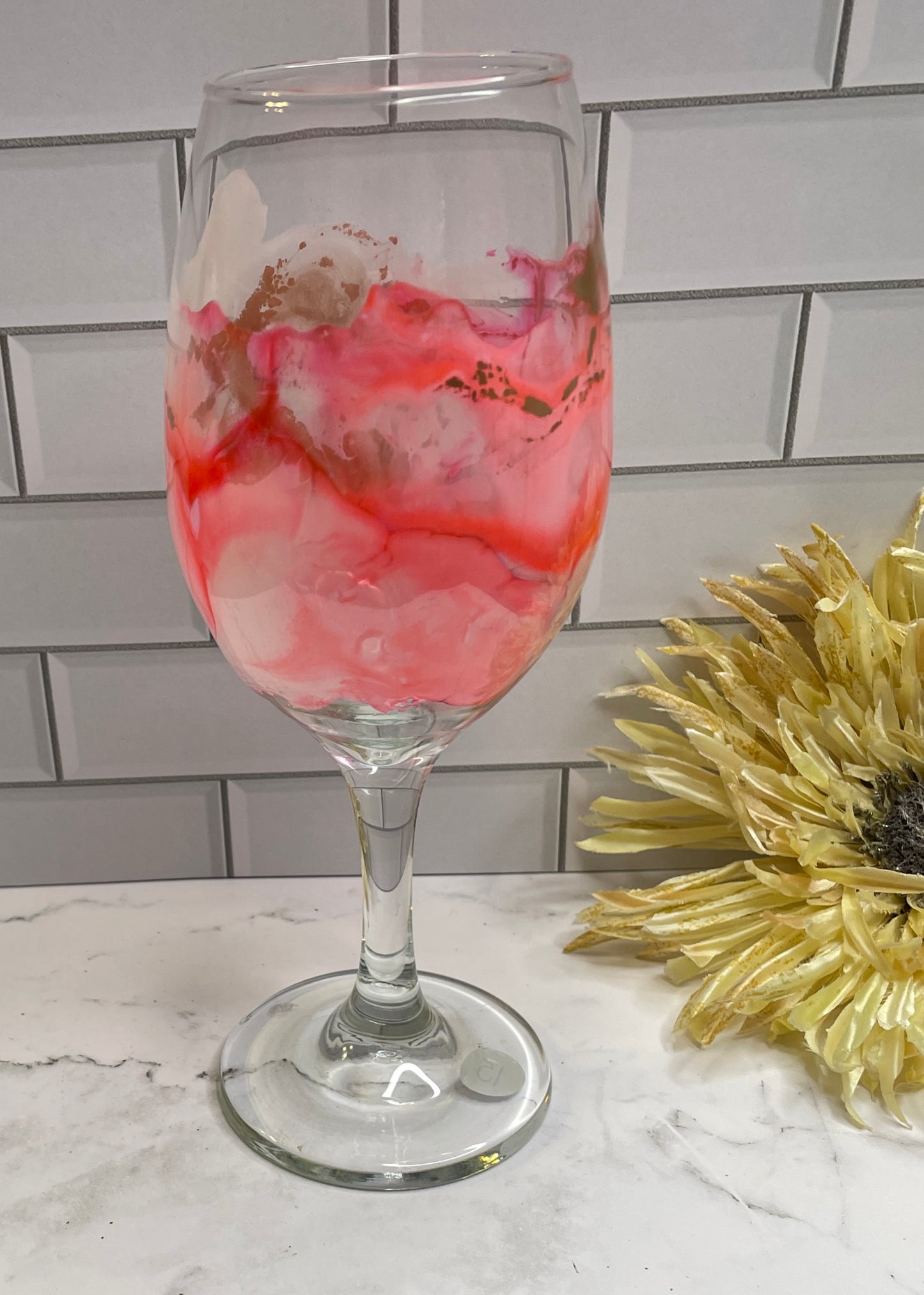 Coral, Gold White Middle Design Wine Glass