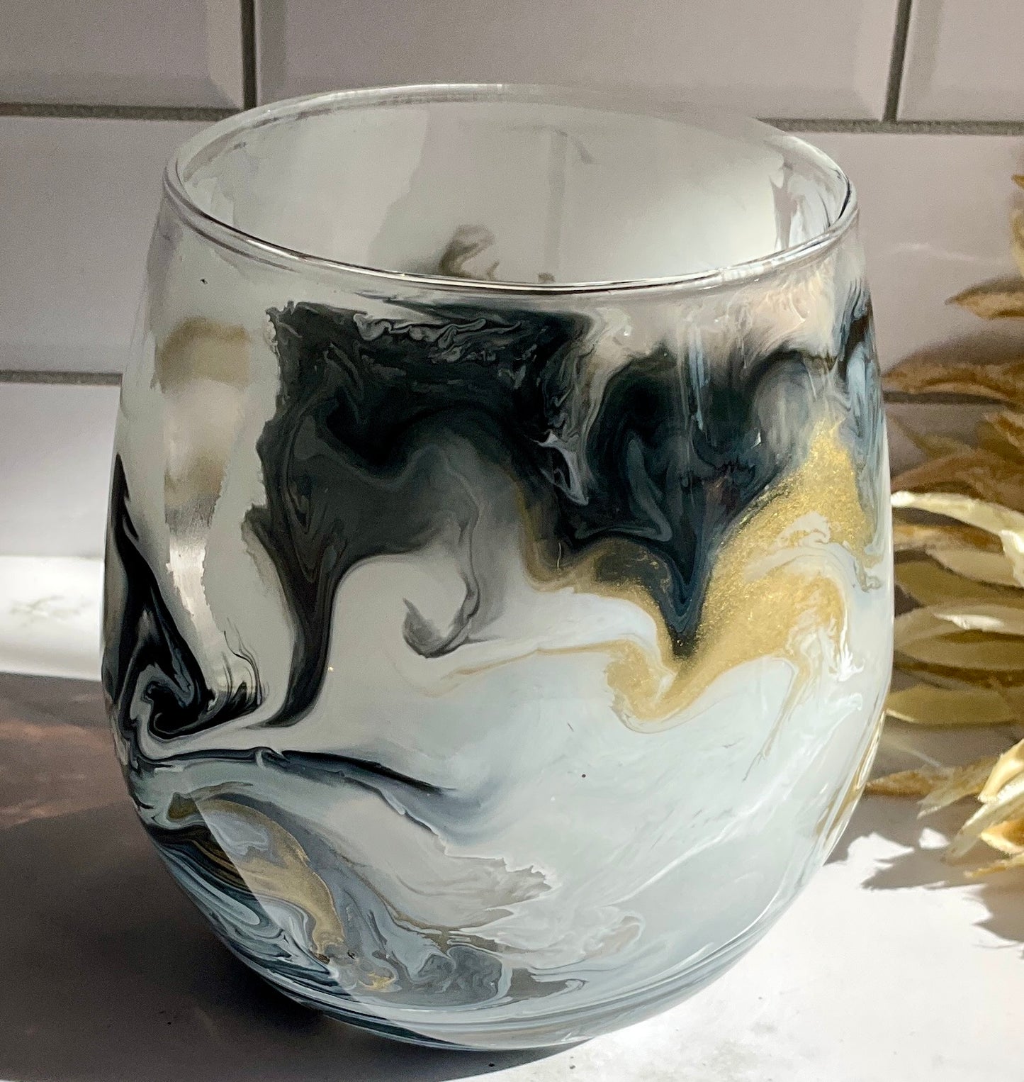 Gold, Black & White Stemless Wine Glass