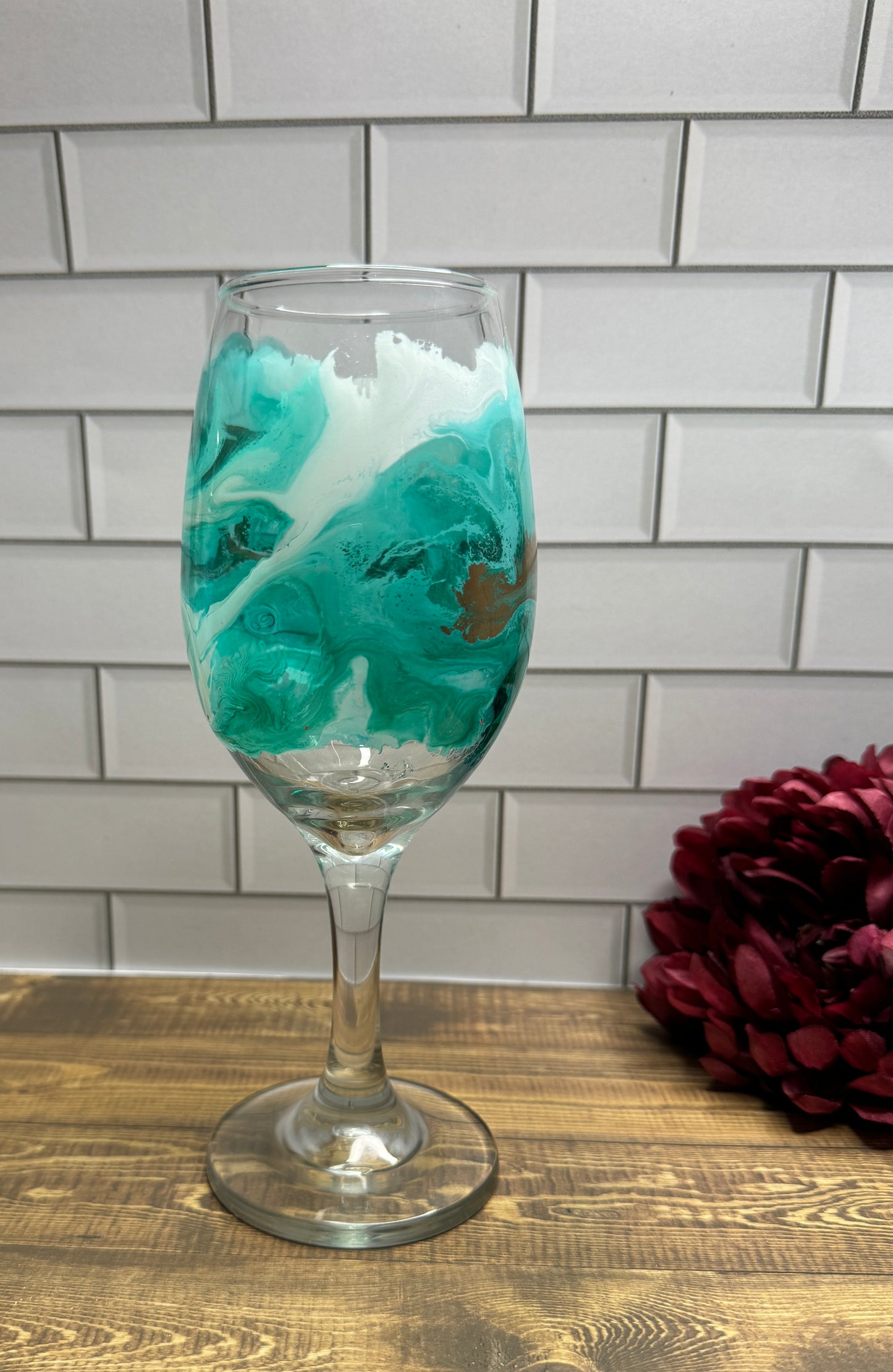 Teal, Gold & White Middle Design Wine Glass