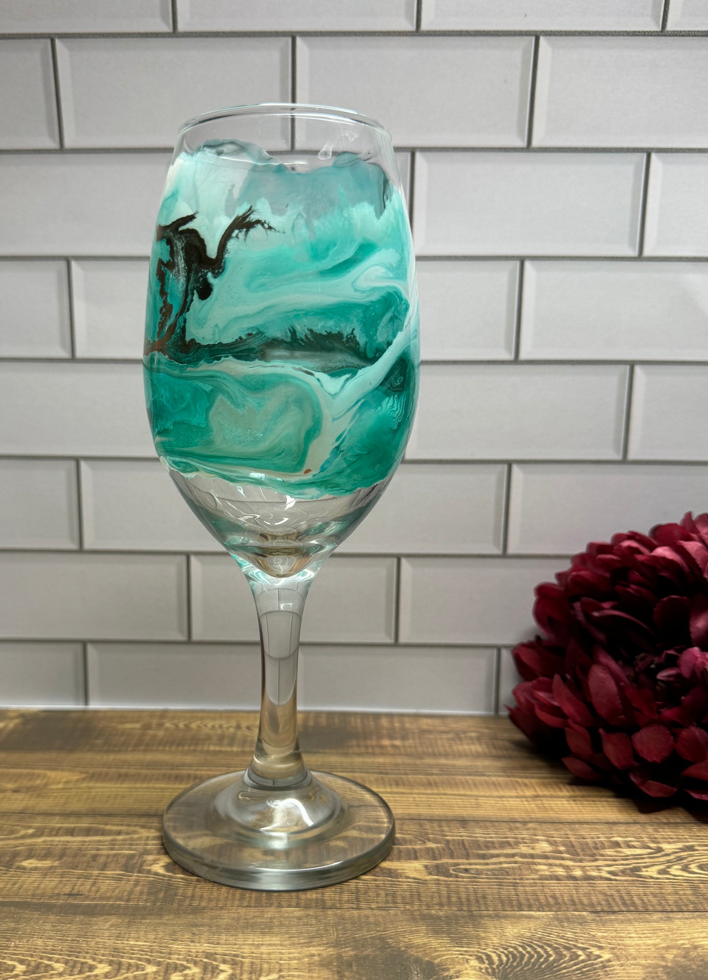 Teal, Gold & White Middle Design Wine Glass