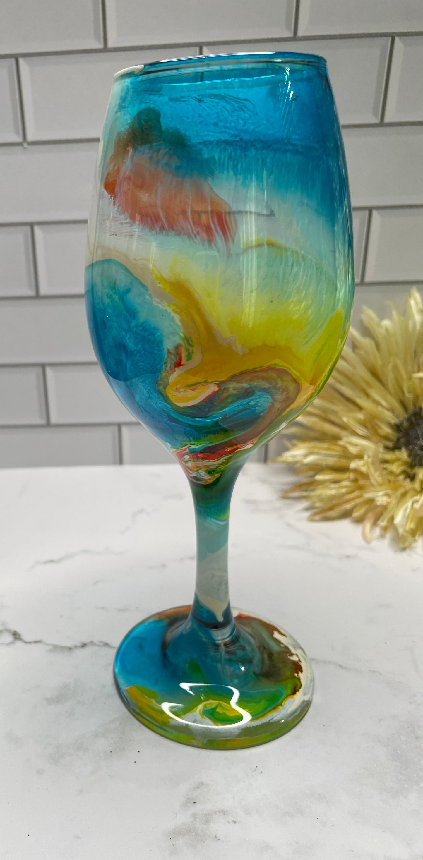 Orange, Blue & Yellow Wine Glass