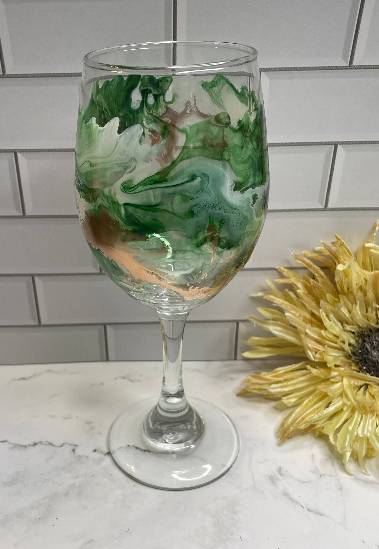 Green, Gold & White Middle Design Wine Glass
