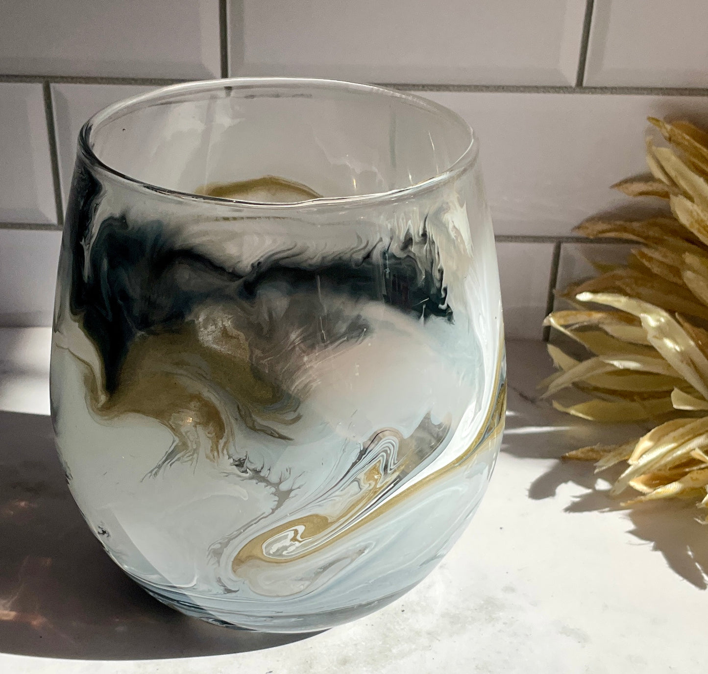 Gold, Black & White Stemless Wine Glass