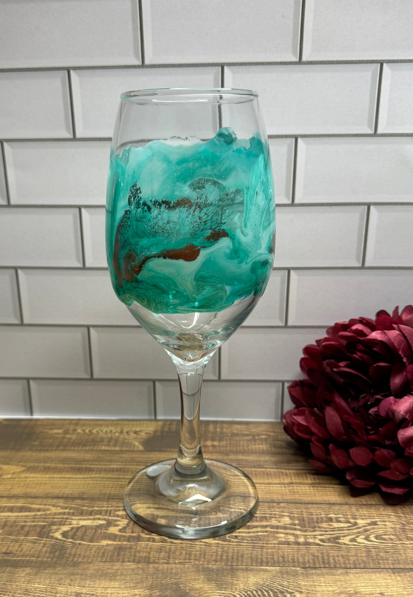 Teal, Gold & White Middle Design Wine Glass