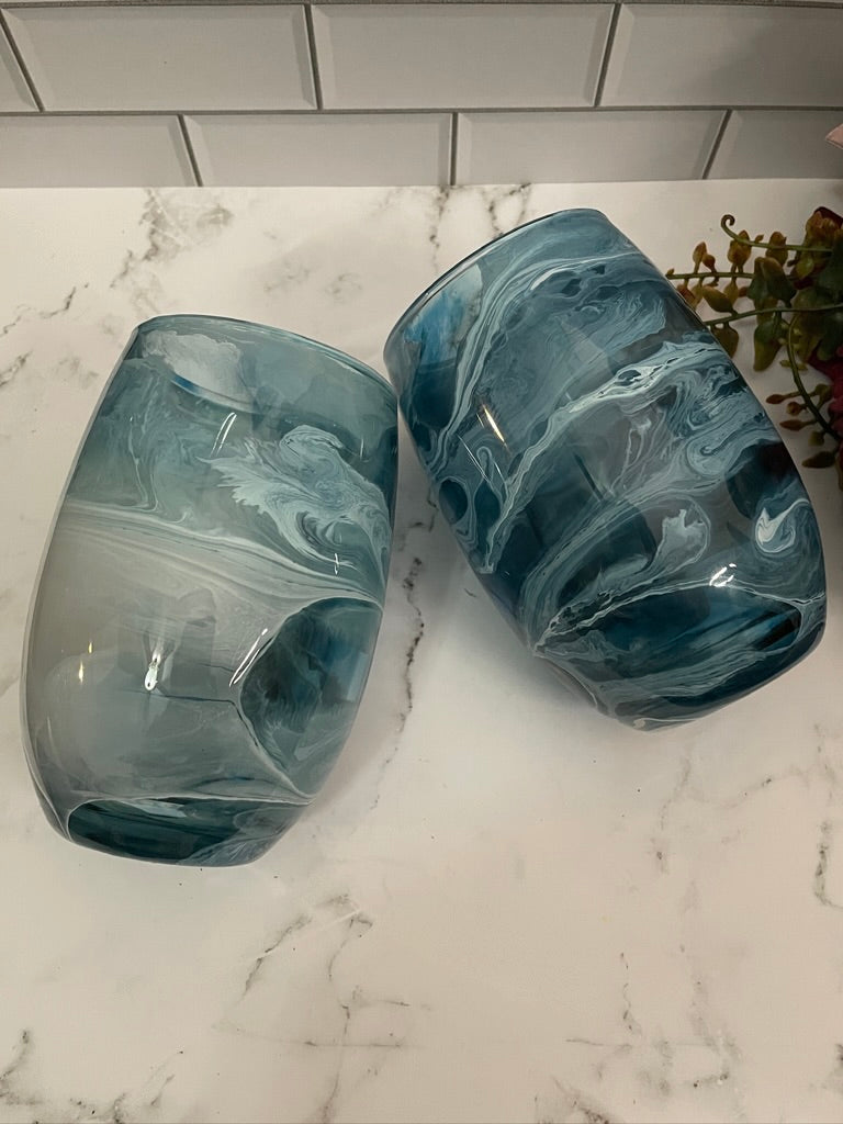 Mason Blue & White Stemless Wine Glass
