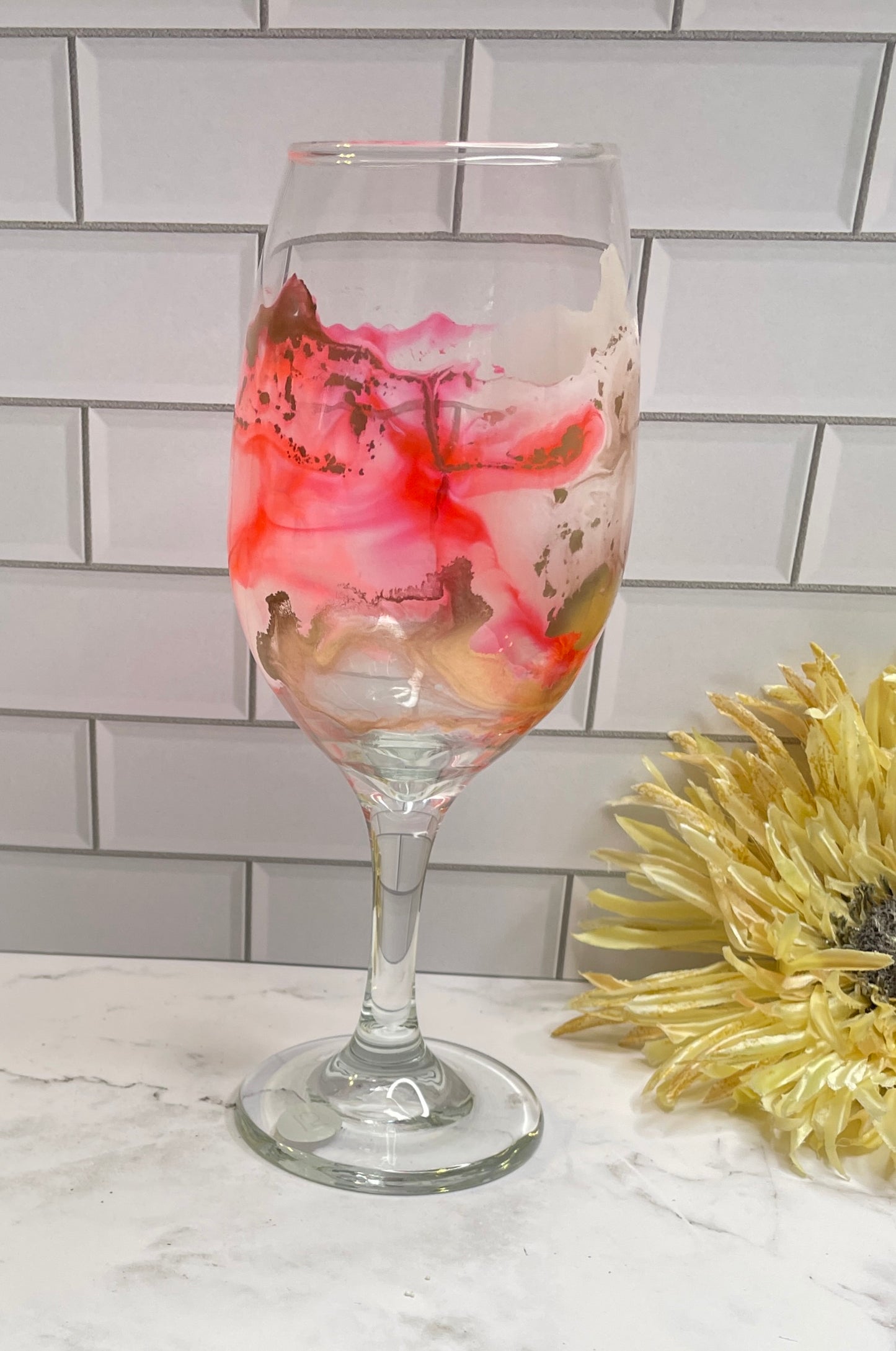 Coral, Gold White Middle Design Wine Glass