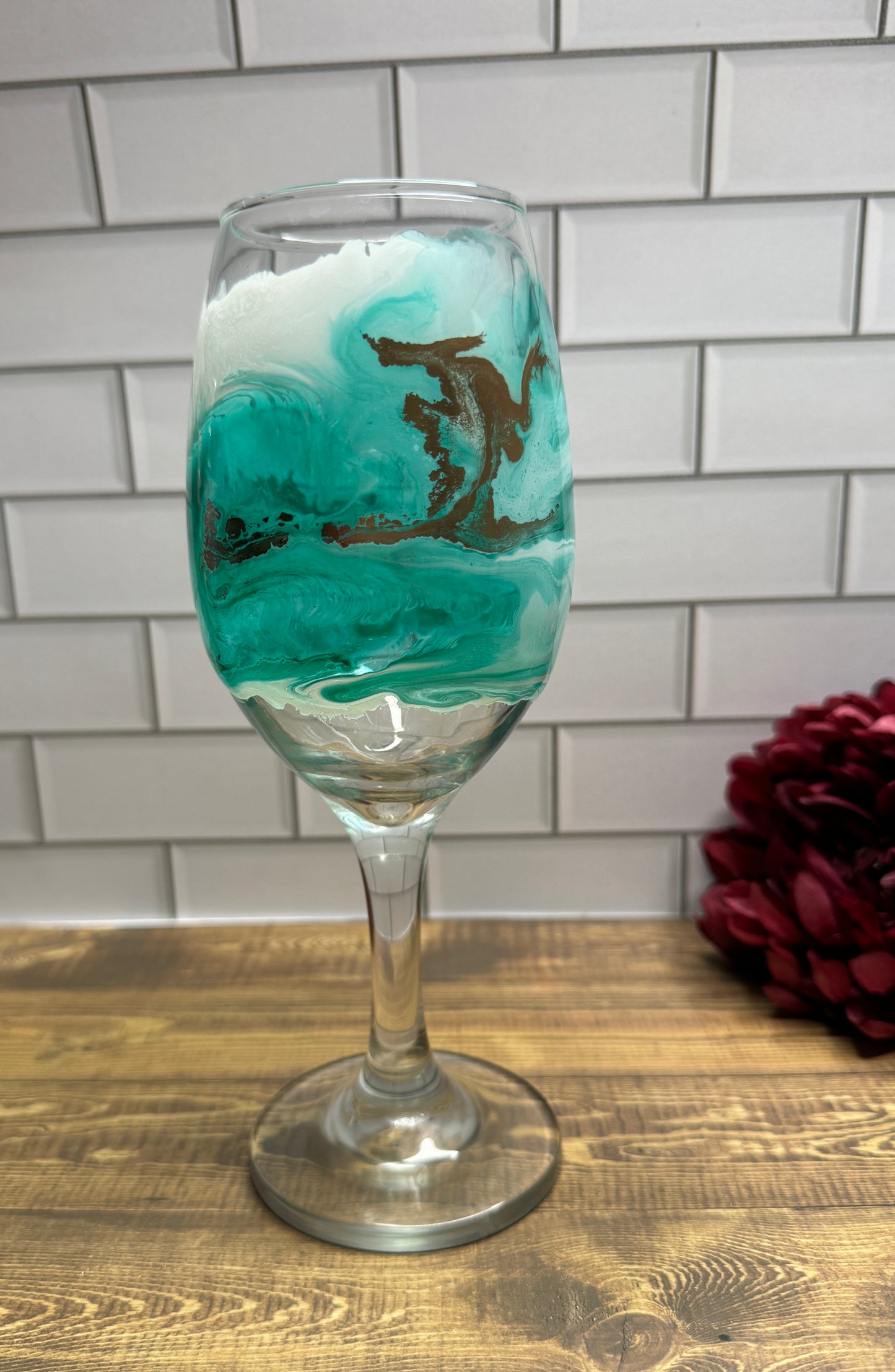 Teal, Gold & White Middle Design Wine Glass