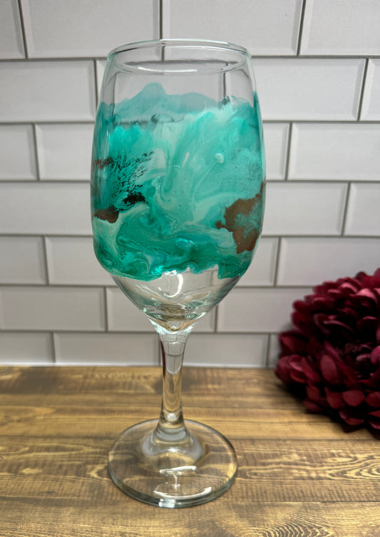Teal, Gold & White Middle Design Wine Glass