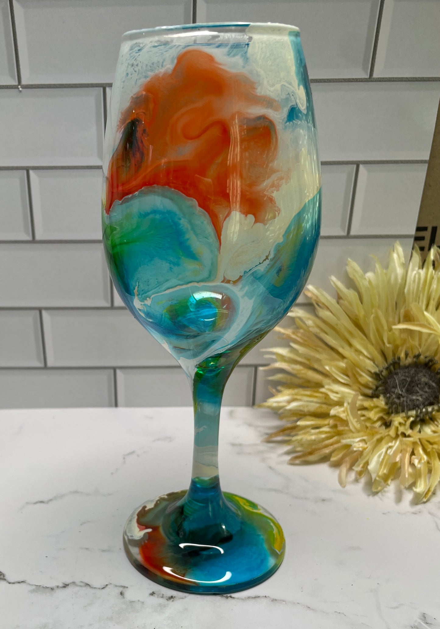 Orange, Blue & Yellow Wine Glass