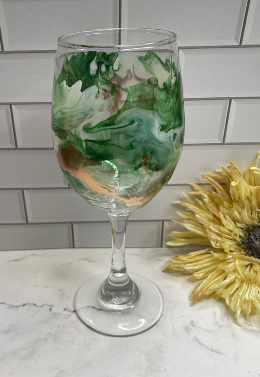 Green, Gold & White Middle Design Wine Glass
