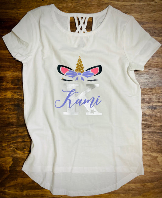Personalized Unicorn Face with Name and Initial T-Shirt